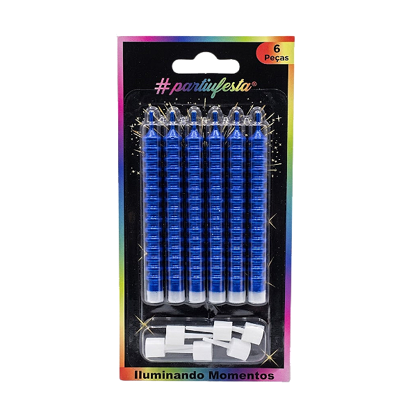 Vela Palito Design Metalizada Azul 9cm 6un - Partiu Festa