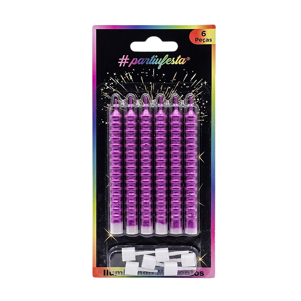 Vela Palito Design Metalizada Rosa 9cm 6un - Partiu Festa