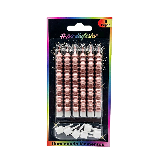 Vela Palito Espiral Metalizada Rose 9cm 6un - Partiu Festa