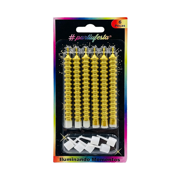 Vela Palito Design Metalizada Dourada 9cm 6un - Partiu Festa