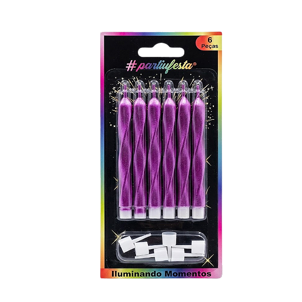 Vela Palito Espiral Metalizada Rosa 9cm 6un - Partiu Festa
