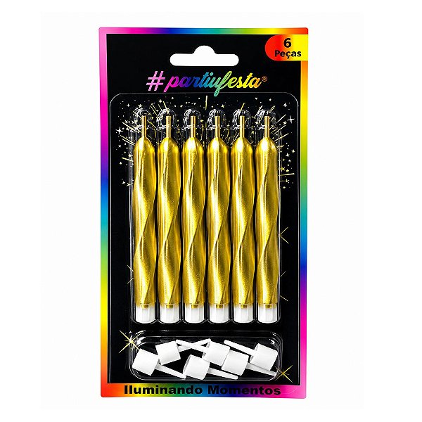 Vela Palito Espiral Metalizada Dourada 9cm 6un - Partiu Festa
