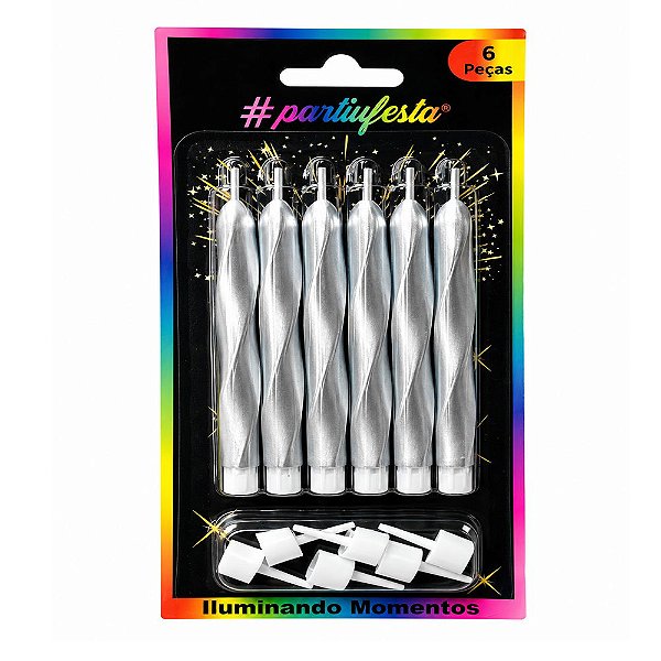 Vela Palito Espiral Metalizada Prata 9cm 6un - Partiu Festa