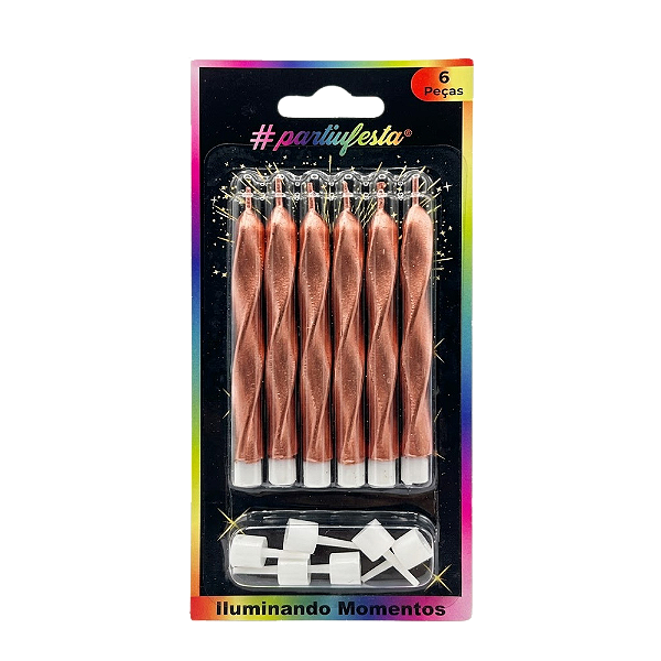 Vela Palito Espiral Metalizada Rose 9cm 6un - Partiu Festa
