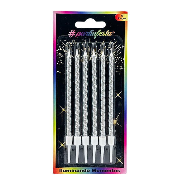 Vela Lápis Metalizada Prata 12,5cm 6un - Partiu Festa