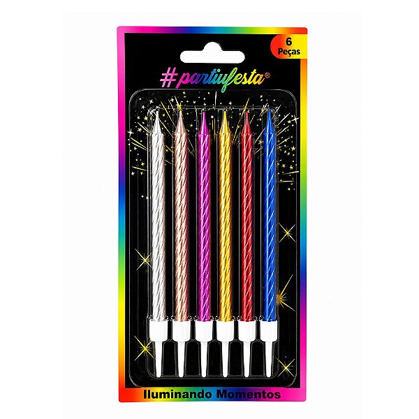 Vela Lápis Metalizada Colorida 12,5cm 6un - Partiu Festa