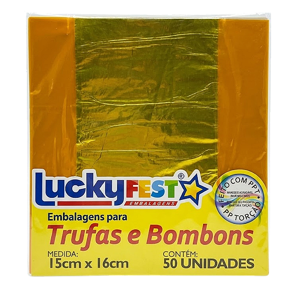 Embalagem Trufa Ouro Brilhante 15x16cm 50un - Lucky Fest