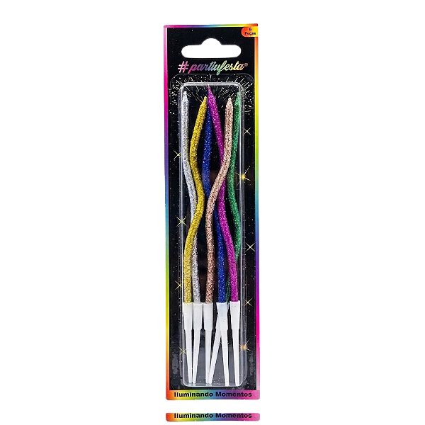 Vela Ondulada Glitter Mix Colors 16cm 6un - Partiu Festa