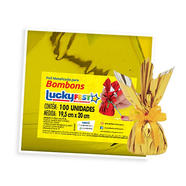 Poli Para Bombons Ouro Brilhante 19,5x20cm 100un - Lucky Fest