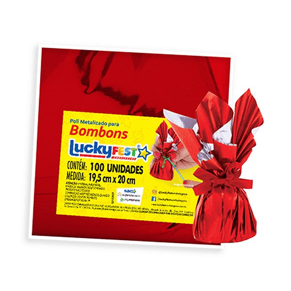 Poli Metalizado Para Bombons Vermelho 19,5x20cm 100un - Lucky Fest