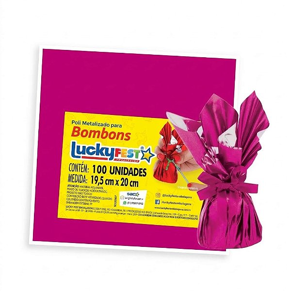 Poli Metalizado Para Bombons Pink 19,5x20cm 100un - Lucky Fest