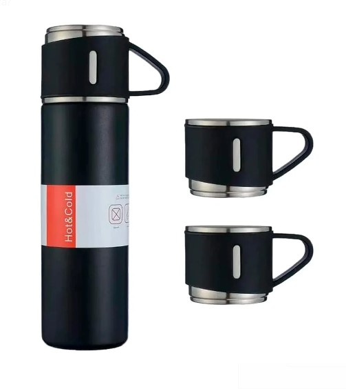 Garrafa Térmica Inox 500ml com 3 Xícaras Preta