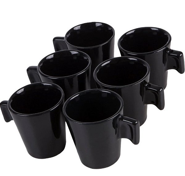 Conjunto com 6 Canecas de Porcelana Reta Preta de 90ml