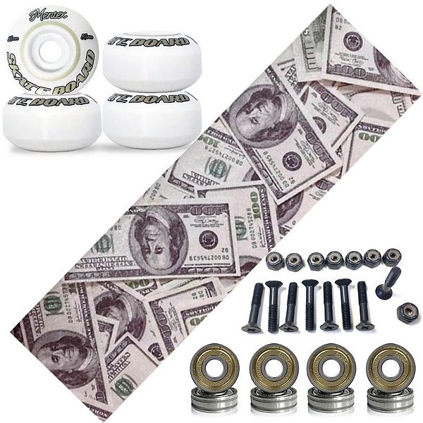 Roda 53mm para Skate + Rolamento Abec5 + Lixa Importada BS Dollar + Parafusos de Base