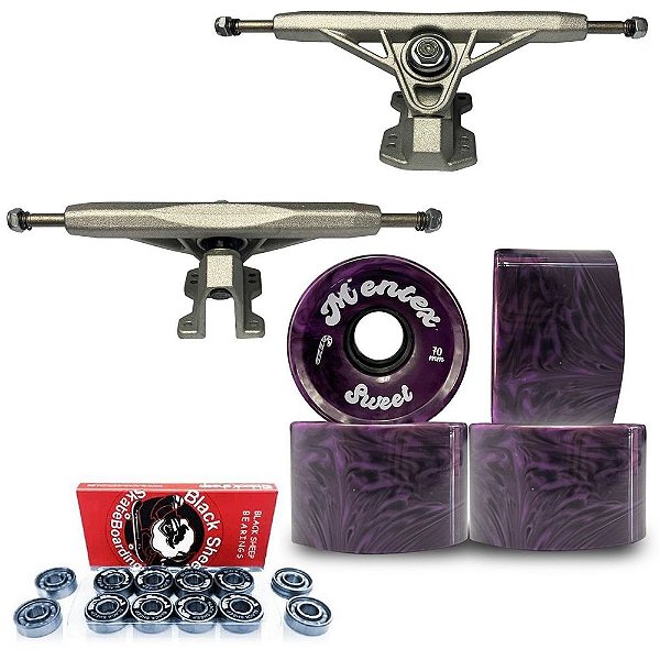 Truck Invertido 180mm High Longboard + Rodas 70mm Roxo + Rolamentos BS Silver