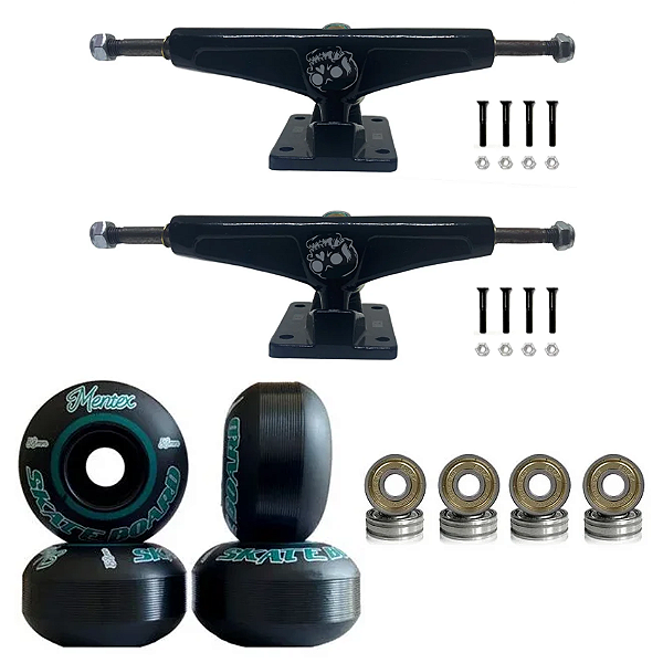 Truck Skate 139mm Mentex Black + Rodas 53mm + Rolamentos ABEC-5 + Parafusos