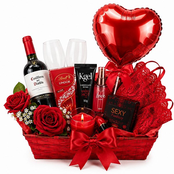 ❤️ Cesta Amor & Conexão – Vinho, Chocolates e Lingerie
