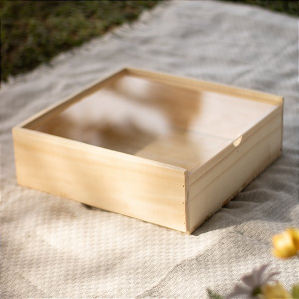 Caixa estojo em madeira de pinus com tampa de acrílico GG 30x30x10cm
