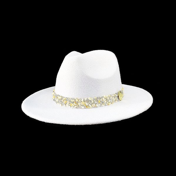 CHAPÉU BRANCO MODELO FEDORA UNISSEX ABA MÉDIA FAIXA DE CASCALHOS BRANCOS E STRASS