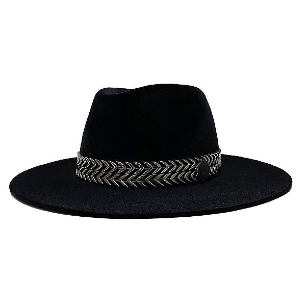 CHAPÉU FEDORA PRETO UNISSEX CORRENTE DUPLA SETAS CHUMBO ABA MÉDIA