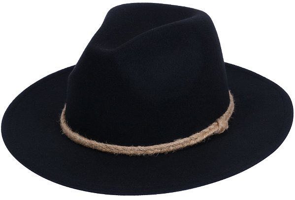 CHAPÉU FEDORA PRETO CORDÃO DE PALHA BURITI ABA 7CM