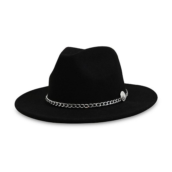 CHAPÉU FEDORA PRETO CORRENTE PRATA PREMIUM ABA RETA 7 CM