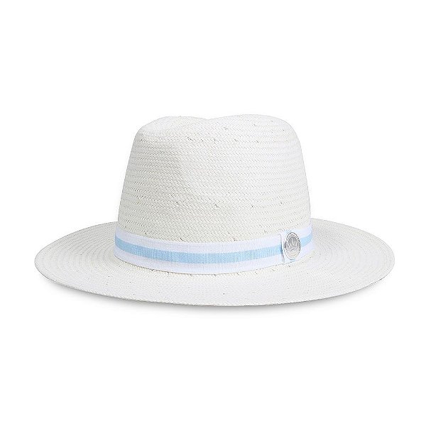 CHAPÉU ESTILO PANAMÁ PALHA SHANTUNG FAIXA LISTRADA AZUL E BRANCO ABA 7,5CM