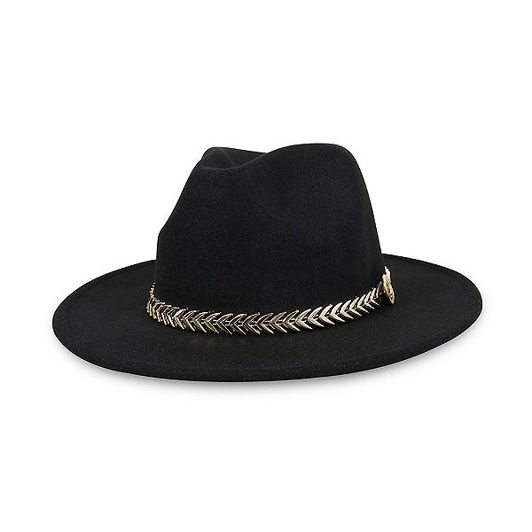 CHAPÉU FEDORA PRETO UNISSEX CORRENTE METALIZADA DOURADA ABA 7CM