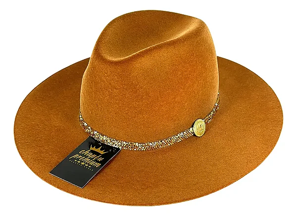 CHAPÉU FEDORA FERRUGEM UNISSEX CORRENTE CASCALHO DOURADO ABA RETA 7,5 CM