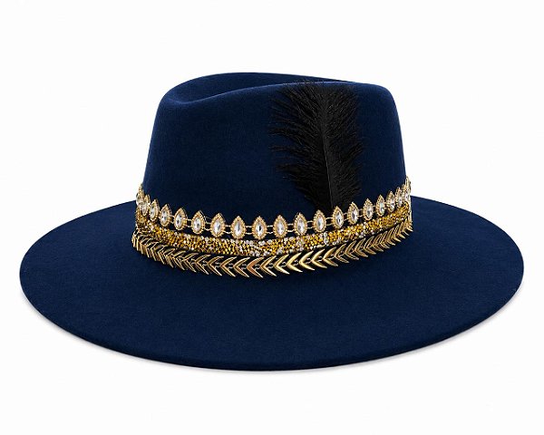 CHAPÉU FEDORA AVELUDADO AZUL LAUANA ABA RETA 7,5 CM UNISSEX
