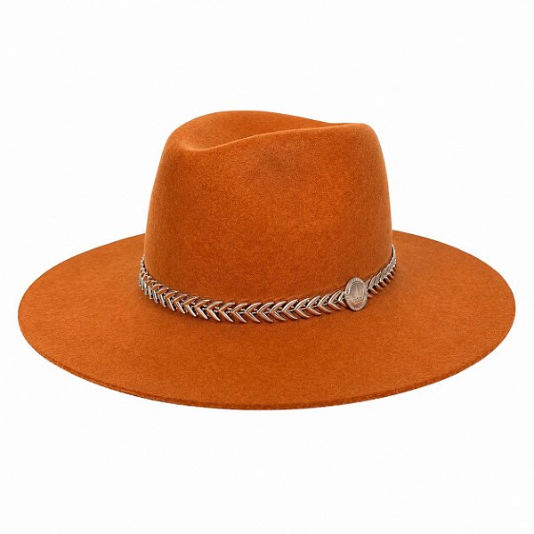 CHAPÉU FEDORA FERRUGEM UNISSEX CORRENTE SETAS PRATEADAS ABA RETA 7,5 CM
