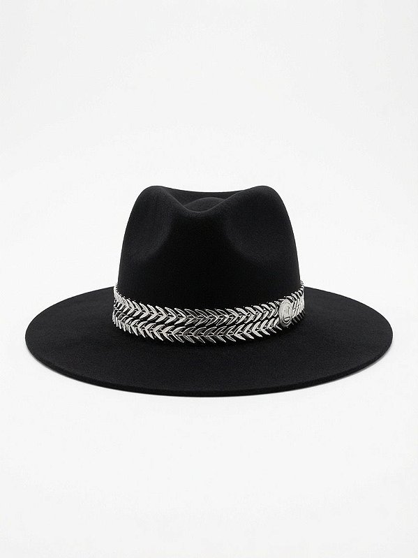 CHAPÉU FEDORA PRETO UNISSEX CORRENTE SETAS DUPLAS PRATEADAS ABA RETA 7,5 CM