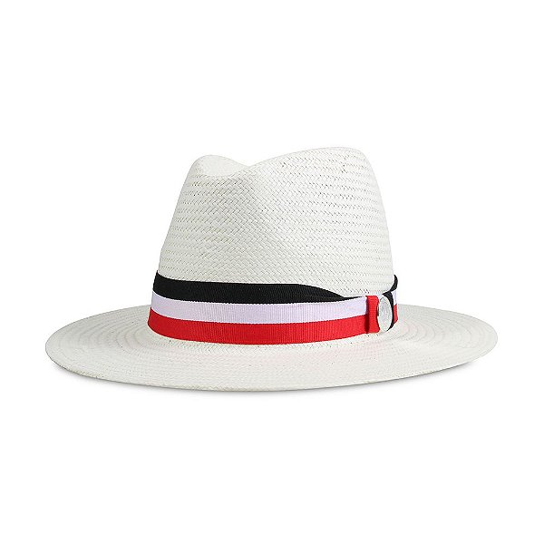 CHAPÉU ESTILO PANAMÁ PALHA SHANTUNG CREME ABA 7CM FAIXA GORGURÃO PRETO BRANCO E VERMELHO