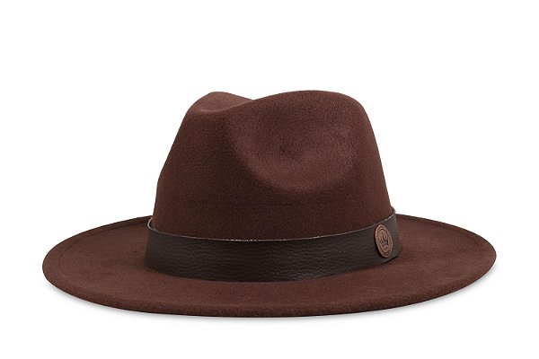 CHAPÉU FEDORA UNISSEX MARROM ABA 7CM FAIXA COURO MARROM