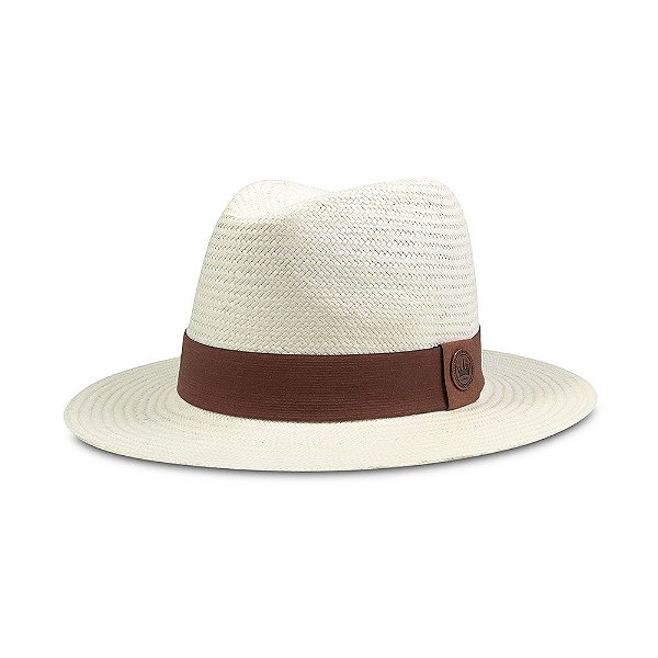 CHAPÉU ESTILO PANAMÁ PALHA SHANTUNG CREME ABA 7CM FAIXA MARROM