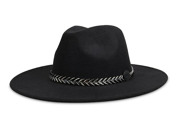 CHAPÉU FEDORA UNISSEX PRETO ABA 8CM CORRENTE METALIZADA CHUMBO
