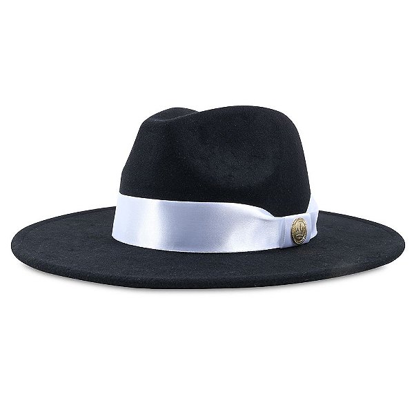 CHAPÉU FEDORA UNISSEX PRETO FAIXA DE CETIM BRANCO ABA RETA 8CM