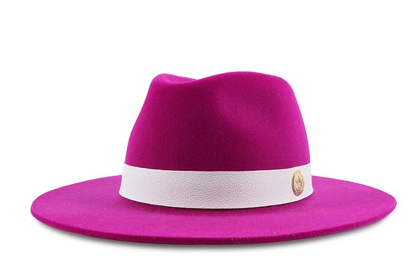 CHAPÉU FEDORA FEMININO FÚCSIA AVELUDADO FAIXA DE COURO BRANCO