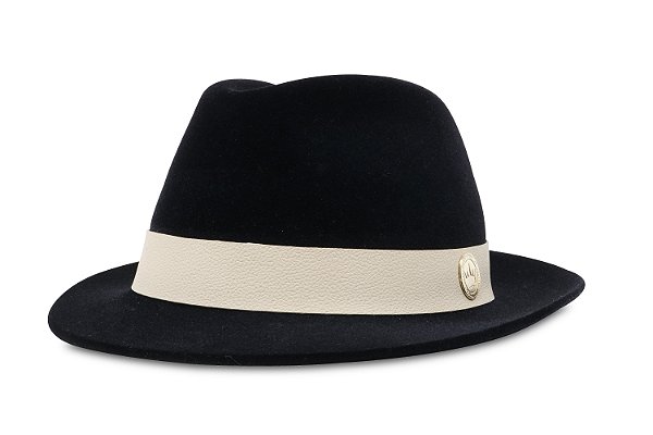 CHAPÉU FEDORA PRETO UNISSEX ABA 4,5 CM CURVADA FAIXA DE COURO