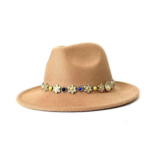 CHAPÉU FEDORA UNISSEX BEGE FAIXA FLOR DOURADA DETALHES COLORIDOS ABA 6,5CM