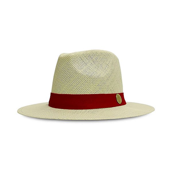 CHAPÉU ESTILO PANAMÁ PALHA SHANTUNG CREME FAIXA DE COURO VERMELHO