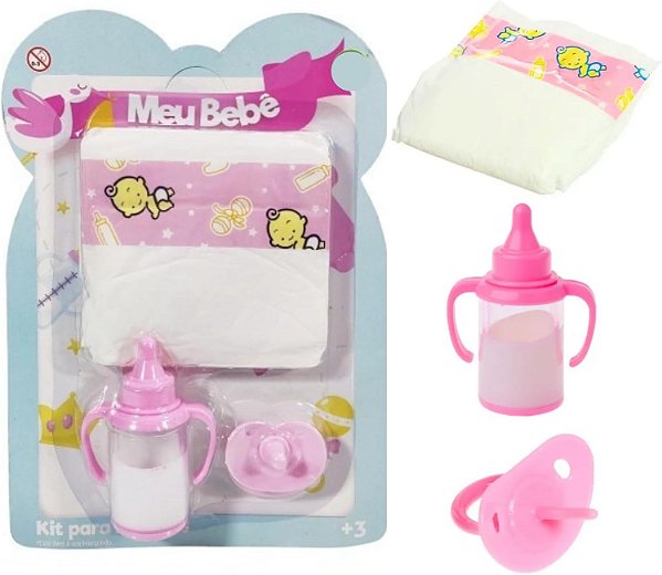 Kit Acessórios para Boneca PREMIUM, 3 Peças, Mamadeira Mágica com Leite Artificial, Fralda e Chupeta de Brinquedo
