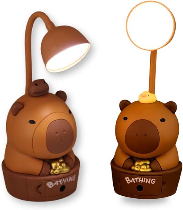 Luminária de Mesa Capivara Infantil com Apontador de Lápis – Luz Noturna para Estudo e Decoração – Recarregável via USB – Quarto de Criança - Presente Criativo e Decorativo