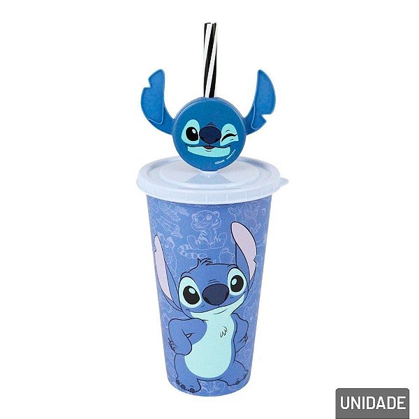 Copo de Plástico 500ml com Canudo e Tampa Stitch