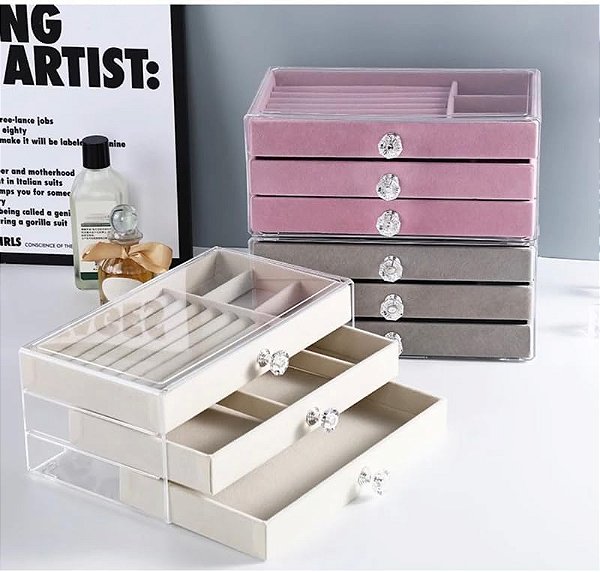 Caixa de Joias de Acrílico com 3 Gavetas Organizador Elegante para Jóias e Acessórios Porta Jóias Grande Armário