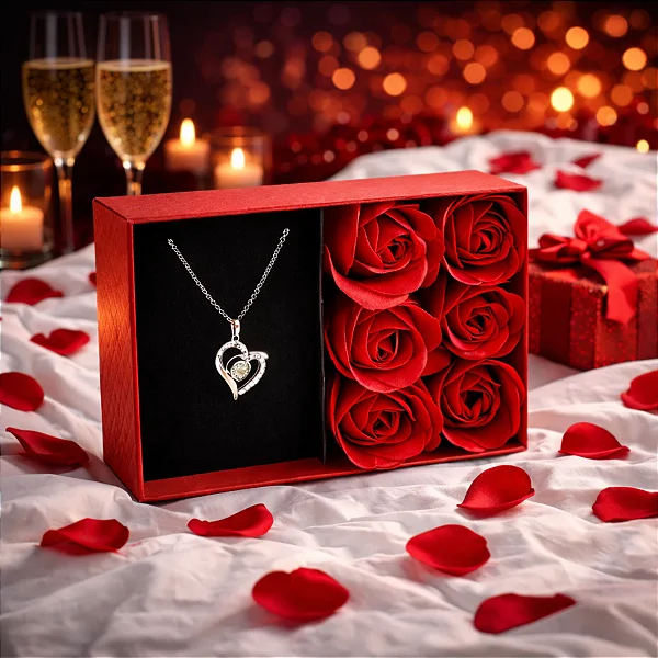 Caixa Presente Luxo com Colar e 6 Rosas – Edição Romântica
