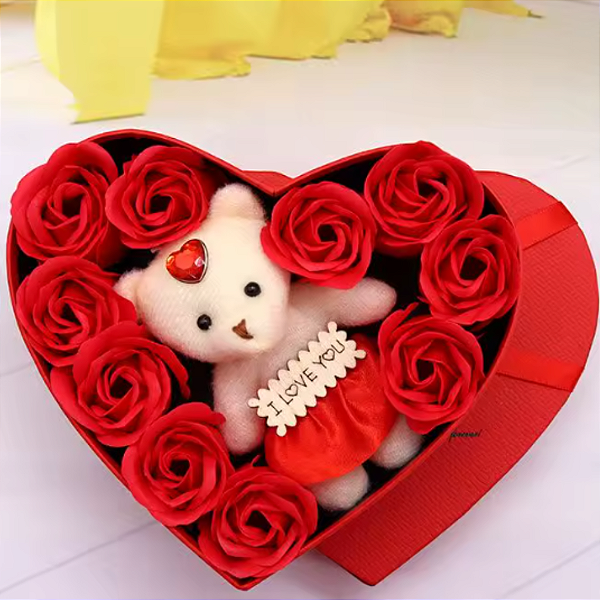 Caixa de presente de urso romântico com rosa