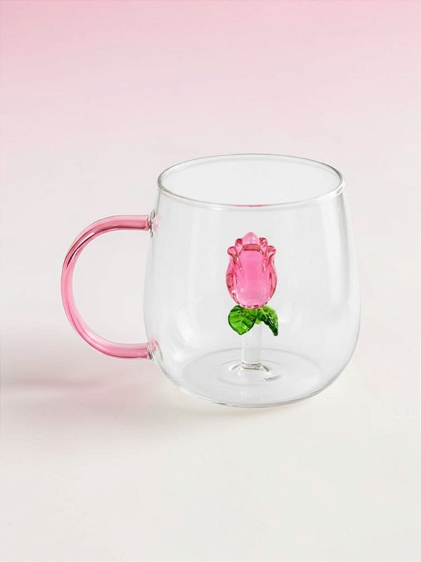 Caneca de Vidro Borossilicato 400ml com Flor 3D