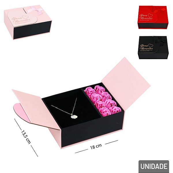 Caixa de Presente 18cm Porta Joia com Colar e Rosa