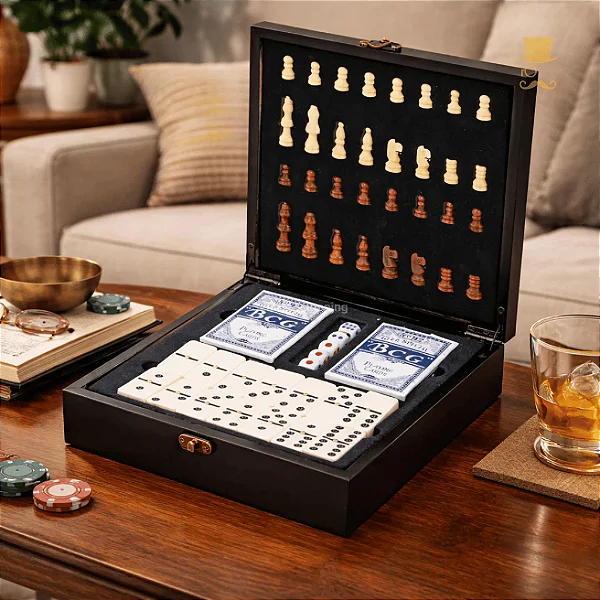 Kit Jogos 4 em 1 Luxo com Xadrez, Dominó, Cartas e Dados em Estojo de Madeira Premium